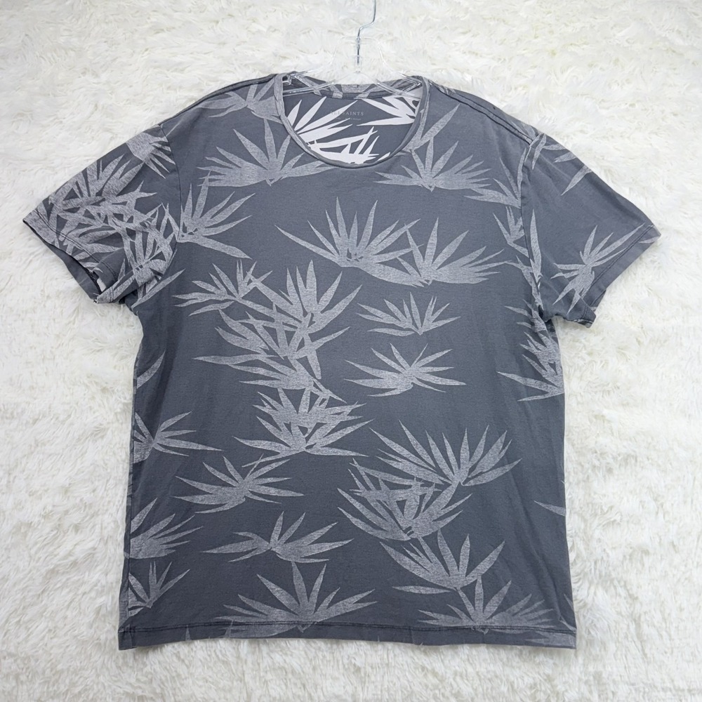 AllSaints T-Shirt Mens S Gray Palm Leaf Print V-Neck Cotton Short Sleeve Tee